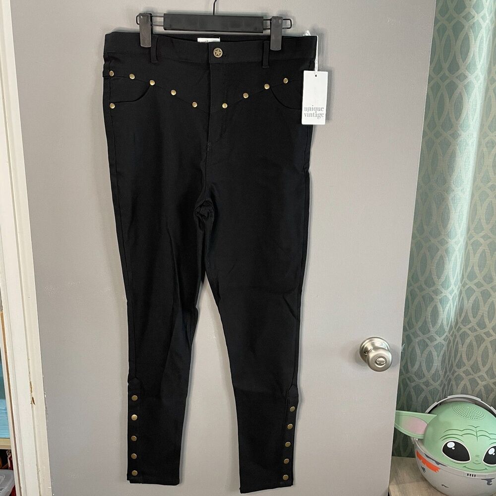 Unique Vintage Womens L Black Studded Skinny Western Cowboy Howdy Pants NWT